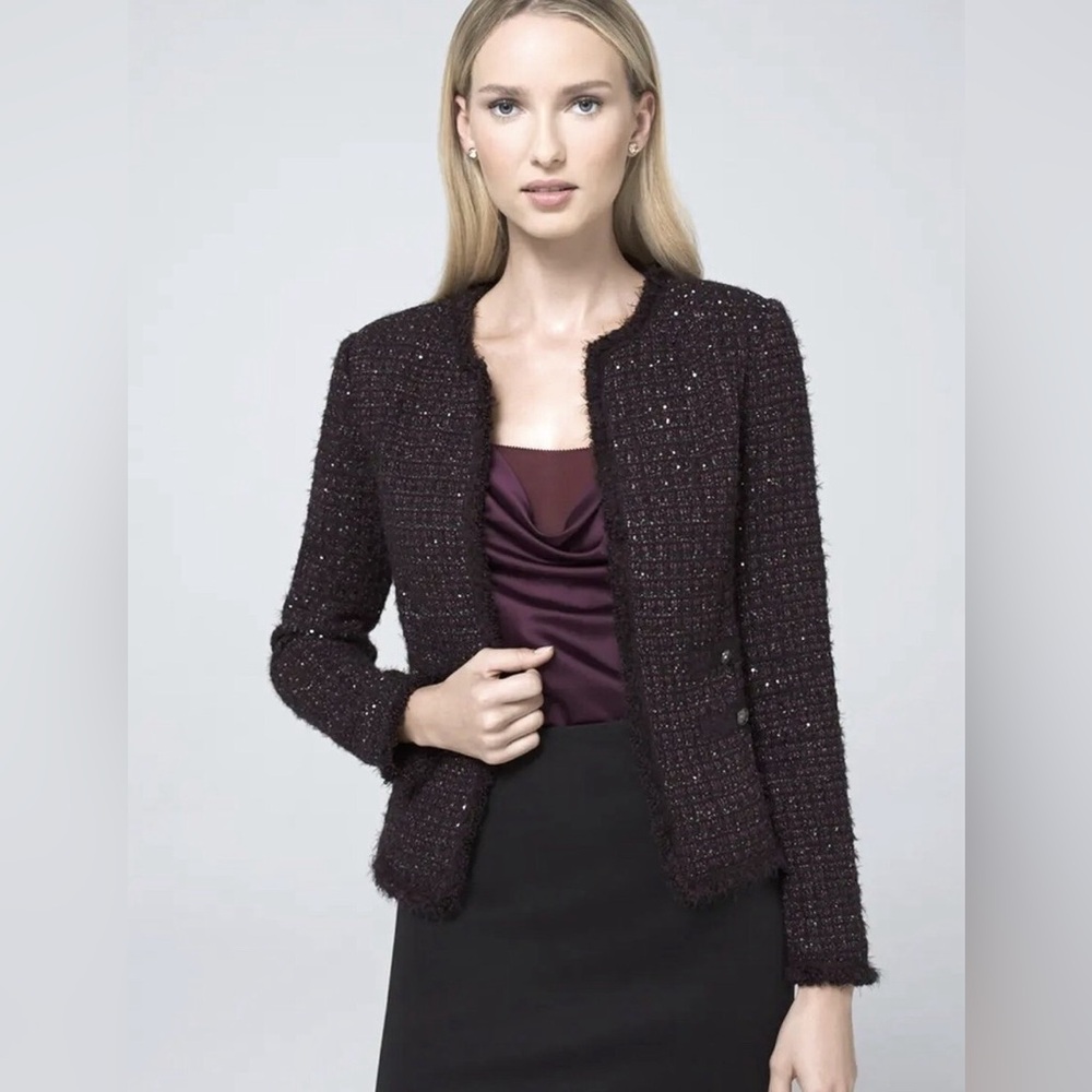 White House Black Market - Tweed Sequin Blazer Jacket Rich Plum Black Size 2